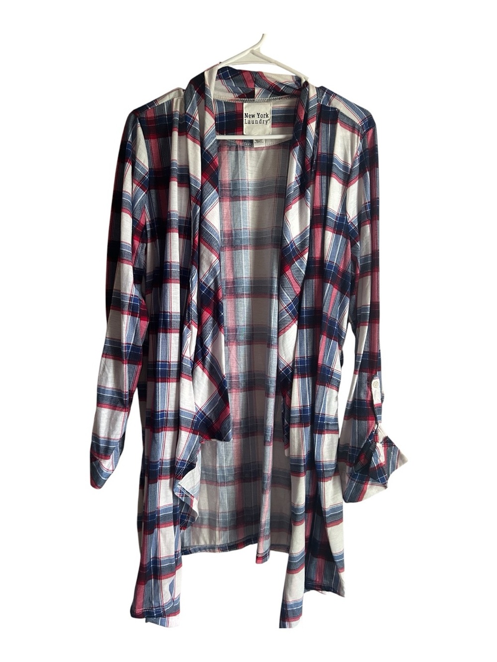 New York Laundry Size 2X Red, Navy & White Plaid Open-Front Top